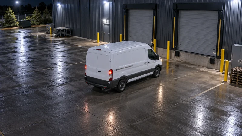 Illustrative white service van at a loading dock